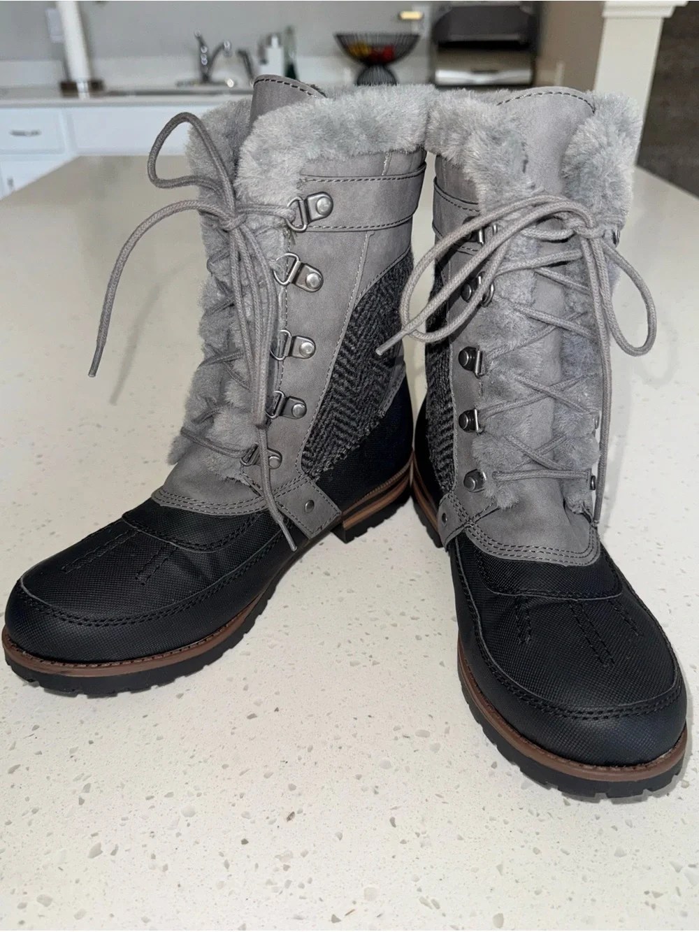 Rock & Candy Gray and Black Lace-Up Winter Boots with Faux Fur Trim